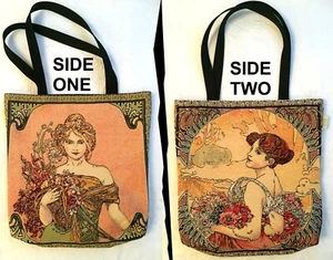 BELGIAN TAPESTRY LARGE SHOPPING TOTE BAG 46CM X 46CM, TWO SIDED MUCHA SEASONS  - Picture 1 of 10