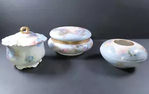 Antique LIMOGES Dresser Vanity Set (3) Pc w/Lids Blue Floral Hand Painted Marked - Picture 1 of 24