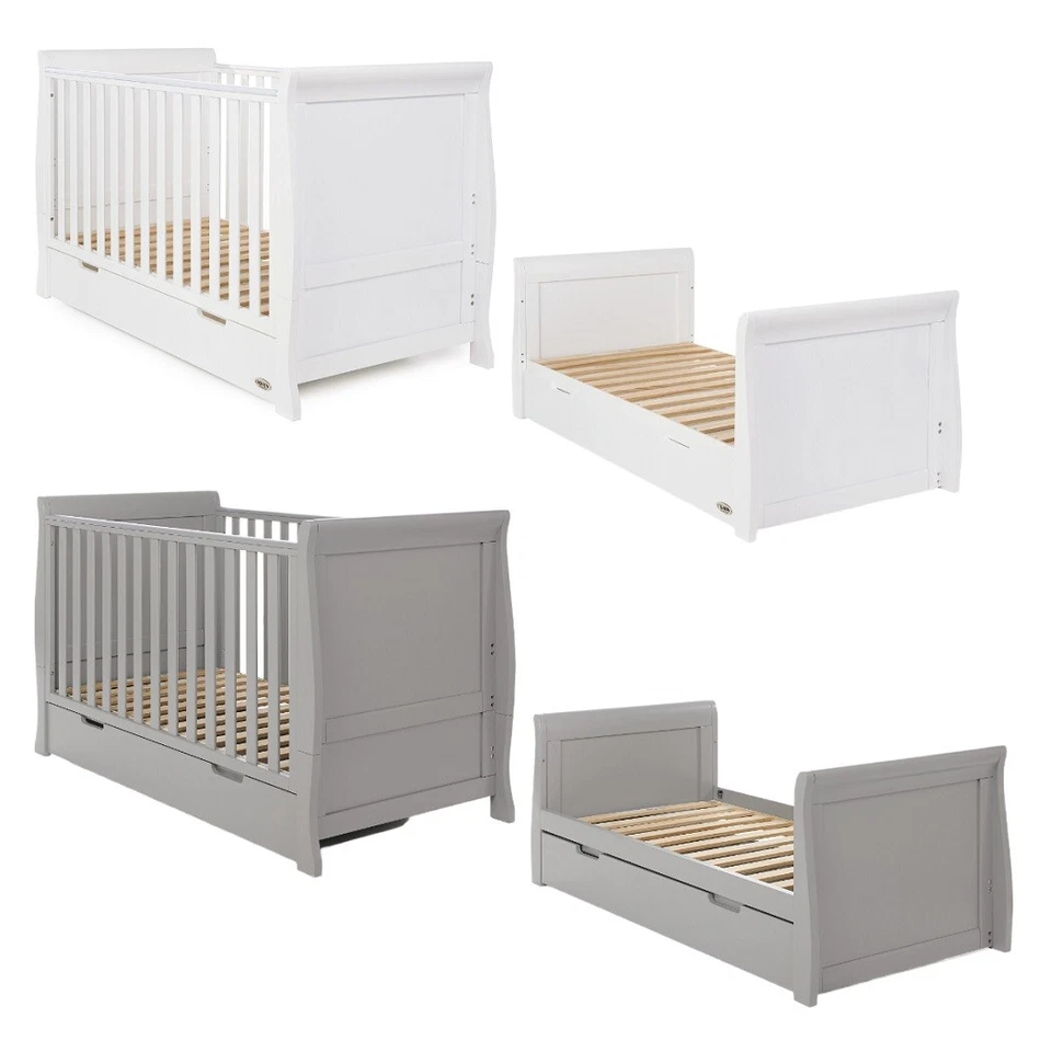 Obaby Stamford Cot Bed Classic Sleigh with Drawer - Baby Cot to Toddler Bed - Image 1 of 1