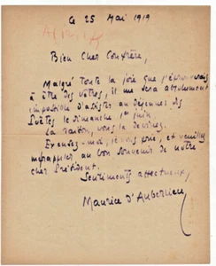 LETTRE AUTOGRAPHE Maurice d'Auberlieu au chansonnier Edmond Teulet - Imagen 1 de 1