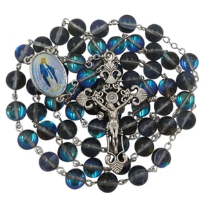Collar Rosario Católico Cuentas de Labradorita Azul Medalla Milagrosa Regalo Religioso - Imagen 1 de 8