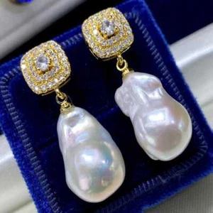 Pendientes de perlas barrocas naturales blancas 13-17MM circonitas 18K personalizadas fiesta adolescentes - Imagen 1 de 7