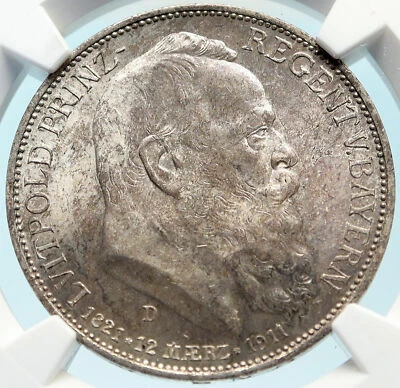 1911 D GERMANY Bavaria Otto I w PRINCE LUITPOLD Silver 3 Marks Coin NGC i83762 - Image 1 of 4
