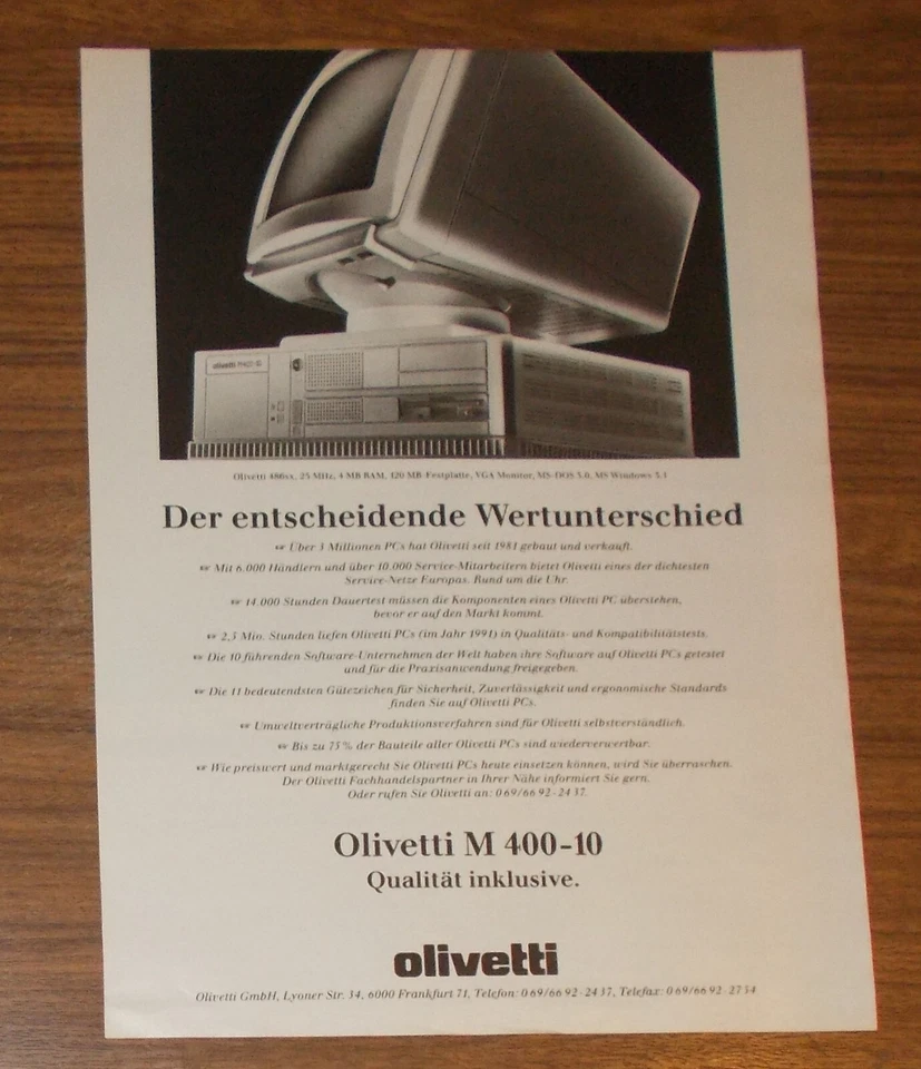 Seltene Werbung OLIVETTI M400-10 Personal Computer PC - Der Wertunterschied 1991 - Image 1 of 1