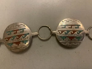 37" Adjustable Vintage Sterling Silver and Inlay Southwestern Belt - Picture 1 of 2