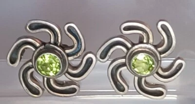 Round Bezel Set Peridot in Sterling Silver Whirly Post Earrings Uniquely Crafted - Image 1 of 4