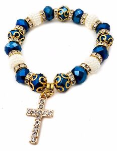 Deep Blue Crystal Glass Beads Rosary Bracelet Wrist Bangle Gold Plated Cross 