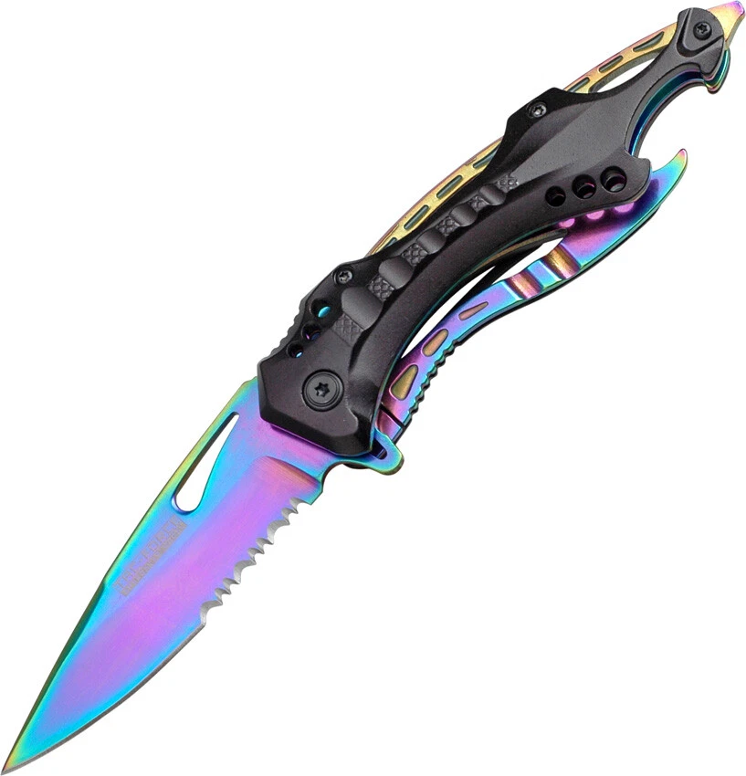 Tac Force Rescue Linerlock A/O Rainbow & Black Glass Breaker Folding Knife 705RB - Image 1 of 1