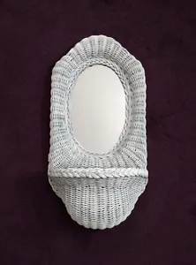 Vtg Wicker Hanging Wall Mirror With Shelf White Nautical Coastal Cottage 24"x12" - Picture 1 of 17