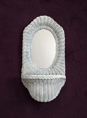 Vtg Wicker Hanging Wall Mirror With Shelf White Nautical Coastal Cottage 24"x12" - Image 1 of 4