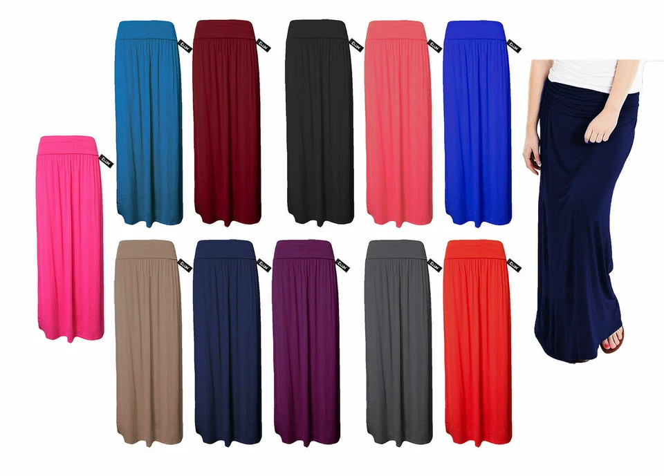 Women Pleated Fold Over Waist Jersey Maxi Ladies Long Viscose Gypsy Skirt UK - Image 1 of 1