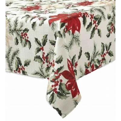 Christmas Poinsettia Holly & Pine Tablecloth Woven Fabric Table Cloth 60x84 New - Image 1 of 4