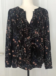 Top túnica boho Lucky Brand talla pequeña patrón floral, manga larga, cuello en V negro - Imagen 1 de 16