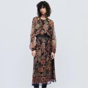 ZARA Sz M Printed Balloon Sleeve Sheer Midi Boho Dress - Picture 1 of 12
