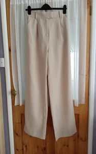 H&M Ladies Neutral Shade Linen Look Wide Leg Trousers Stretch Waist Size 12 - Picture 1 of 10