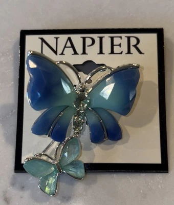NWT Napier Silver Tone 2 Blue Green Glass Butterflies Pin - Image 1 of 3