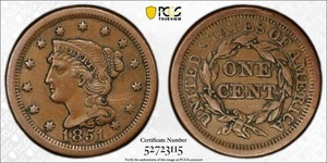 1851 Braided Hair Copper Large Cent 1C PCGS XF 45 - Picture 1 of 6