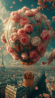 Canvas Art Pink Blue Flower Hot Air Balloon In Paris Wall Picture Poster Print - Image 1 of 4