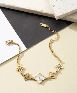 Women’s Gold Plated Stainless Steel Bracelet White Multi Clover Shell Adjusting - Picture 1 of 4