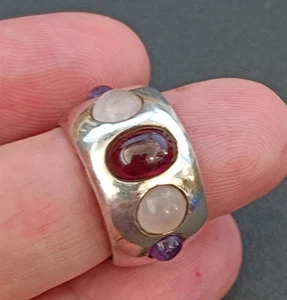 VTG Silver Mystic Stone Ring Boho Artisan Modernist Bold Wide Band Minimalist - Picture 1 of 24