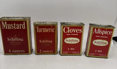 Vintage Schilling &Company Red Tin Spice Containers One 4 Oz Three 2 Oz - Image 1 of 4
