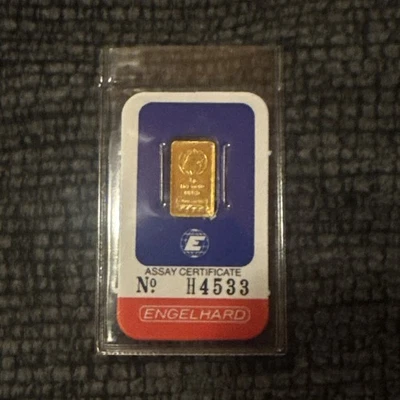 ENGELHARD 1 GRAM GOLD BAR IN VINTAGE ASSAY Cert - Image 1 of 2