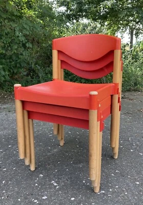 Trois Chaises Empilables Rouge Strax Casala Design Par Hartmut Lohmeyer 80er Ans - Photo 1/4