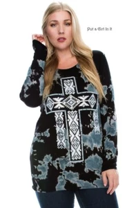 New VOCAL PLUS SIZE AZTEC BLACK BLUE TIE DYE CRYSTAL CROSS WESTERN SHIRT 1X USA - Picture 1 of 5