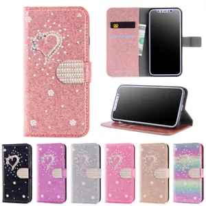 Funda tipo billetera brillante corazón diamante cubierta abatible para iPhone 16e/15/14/13/12/11 Pro - Imagen 1 de 18