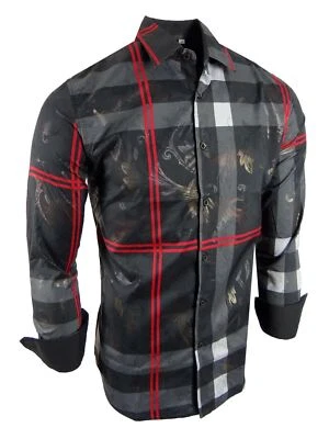 Mens Shirt Designer Plaid Bronze Foil Floral Overlays Stretch Slim Fit No-Tuck - Image 1 of 4