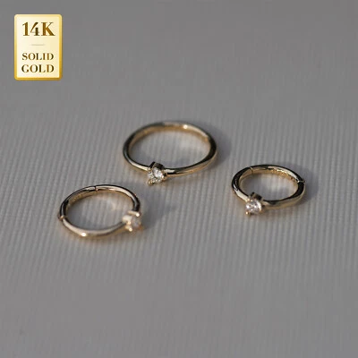 14K REAL Solid Gold Diamond Clicker Ear & Nose Hoop Ring Piercing 18G - Image 1 of 4