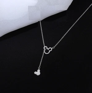 Double Disney Mickey Mouse Silver Cubic Zirconia Pendant Chain Necklace - Picture 1 of 2