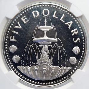 1973 BARBADOS Arms Fountain Trafalgar VINTAGE Proof Silver $5 Coin NGC i89285 - Picture 1 of 5