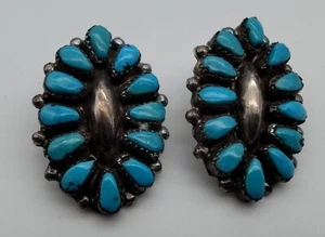 Navajo Oval Turquoise Clip Earring Sterling Silver Native Amer. Signed MEC 7.3g - Picture 1 of 3