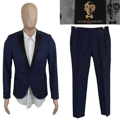NUEVO Esmoquin Noose Monkey Dos Piezas Un Botón Azul Paisley 36R Pantalones Ajustados 30X30 Foto 1 de 4