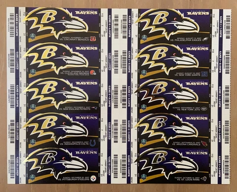 2007 NFL BALTIMORE RAVENS FULL HOME SEASON TICKET SHEET vs Patriots Colts Jets Cover