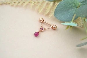 Gemstone Dangle Nipple Ring - 14ga 16mm Rose Gold IP 316L Barbell - 1 Piece - Picture 1 of 6