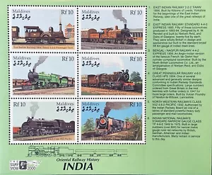 MALDIVES ORIENTAL RAILWAY HISTORY INDIA TRAINS STAMPS SHEET OF 6 MNH 2000 STEAM - Picture 1 of 1