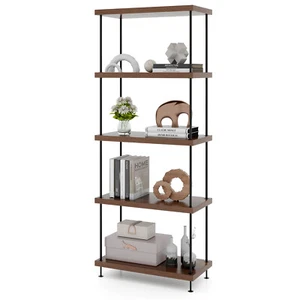 5-Tier Storage Shelving Unit Industrial Bookshelf with Metal Frame Walnut - Picture 1 of 8
