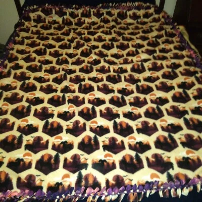 MOUNTAIN SUNSET w/PLAID Fleece Handmade Soft Tie Blanket Stadium Throw App 60X72 - Image 1 of 4