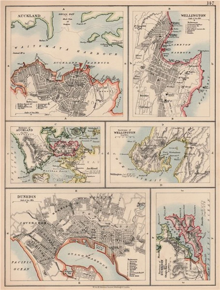 NEW ZEALAND CITIES. Auckland Wellington Dunedin Otago Harbour. JOHNSTON 1906 map - Image 1 of 1