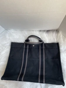 Hermes Herline Canvas Tote Black Gray One Interior Zip Pocket - Picture 1 of 20