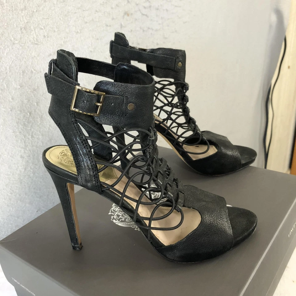 Vince Camuto Shoes Womens Size 8M Black VC-FOSSEL Lace Up Stiletto Heels Sandals - Image 1 of 4