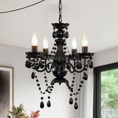 Black Plug In Crystal Chandelier 4-Light Mini Hanging Pendant Lamp with E12 Bas - Image 1 of 4