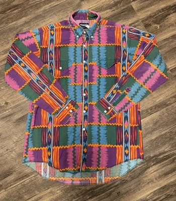 Vintage Wrangler Shirt Mens Aztec Southwestern Western Rodeo 16.5-35 Loud Brush - Image 1 of 4