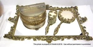 4-PC VINTAGE GOLD ORNATE VANITY SET MIRROR TRAY, BRUSH, HAND MIRROR, JEWELRY BOX - Picture 1 of 13