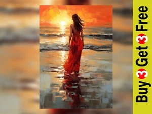 Sunset Beach Woman Oil Painting - Vibrant Seascape Art Print 5" x 7" - Picture 1 of 5