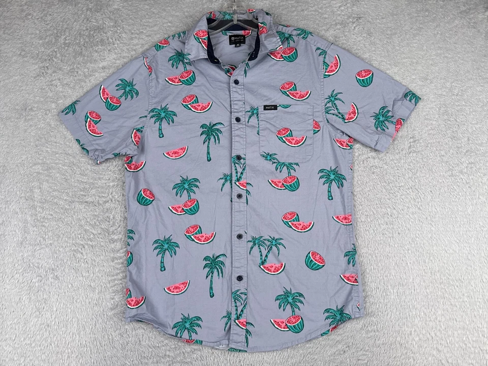 Matix Shirt Men Medium Blue Watermelon Palm Tree Cotton Blend Hawaiian Button Up - Image 1 of 4