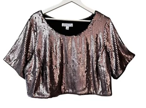 Ashley Nell Tipton Women's Crop Top Blouse Pink Pewter Sequin S/S Plus Size 1X - Picture 1 of 12