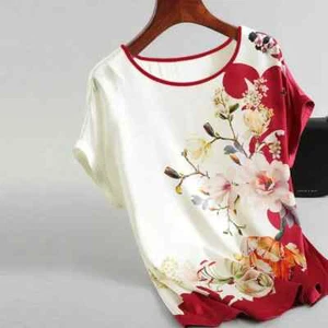 Blusa informal de satén de seda mujer con estampado floral verano y manga corta - Picture 1 of 29